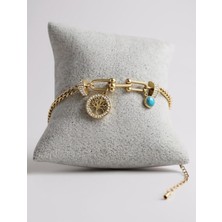 Cesicey Çelik Hayat Ağacı Bileklik Firuze Taş Detaylı Altın Renk