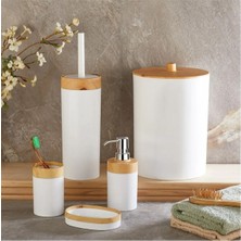 UltraMint Bambu Desenli 5'li Banyo Seti, Çöp Kovası, Fırça, Sabunluk, Diş Fırçalık