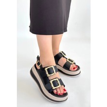 Armüz Stan Siyah Cilt Sandalet