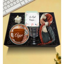 As Gift Kişiye Özel Kiremit Fincan & Fular & Kahve Yanı Cam Su Bardağı & Bubble Mum Hediye Seti
