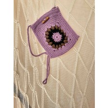 Lal Dizayn El Örgüsü Motifli Telefon Çantası / El Yapımı Motif Küçük Boy Mor Çanta