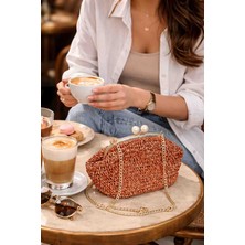 Lal Dizayn El Yapımı Örgü Metalik Kağıt Ip Burslu Omuz Çantası