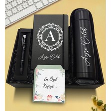 As Gift Kişiye Özel Deri Kılıflı Siyah Termos & Siyah Defter & Siyah Kalem Hediye Seti