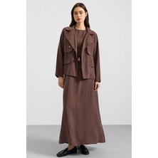 Olcay Ceketi Metal Aksesuarlı Soft Kumaş Elbise Ceket Ikili Takım Kahve 9391-TK