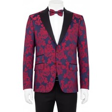 Özel Tasarım Çift Cepli Bordo Gül Desenli Blazer Ceket ve Papyon Takımı