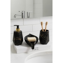 UltraMint Şık 3 Parça Geometrik Mermer Desenli Banyo Seti, Sıvı ve Katı Sabunluk, Diş Fırçalık