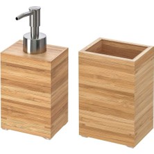 UltraMint Bambu Banyo Seti 2 Parça, Ahşap Sıvı Sabunluk ve Fırçalık, Kahverengi