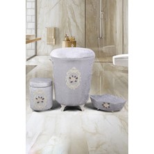 UltraMint Şems Gri 3'lü Kadife Dantelli Banyo Çamaşırlık Seti