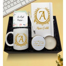 As Gift Kişiye Özel Beyaz Defter & Beyaz Kupa & Beyaz Kalem & Beyaz Metal Kutulu Mum Hediye Seti