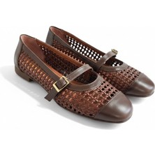 Ne&Ve Shoes Kahve Deri Biye Örgü Detaylı Tokalı Kadın Babet