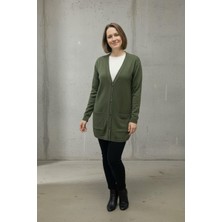 Lanze Haki Renk Düğmeli Büyük Beden Triko Hırka Düz Desenli Orta Kalınlıkta Kumaş