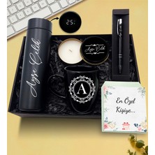 As Gift Kişiye Özel Dereceli Termos & Siyah Kupa & Siyah Kalem & Siyah Metal Kutulu Mum Hediye Seti