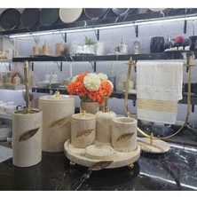 UltraMint Şık Bej Mermer Banyo Seti, 9 Parça, Gold Detay, Vazo ve Havluluk