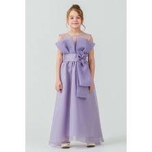 Mnk Baby & Kids Kız Çocuk Organze Tül Çiçek ve Fiyonk Detaylı Gipe Sırtlı Prenses Abiye Elbise M00800