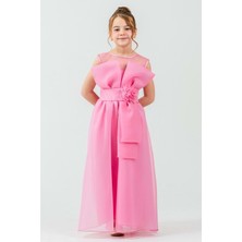 Mnk Baby & Kids Kız Çocuk Organze Tül Çiçek ve Fiyonk Detaylı Gipe Sırtlı Prenses Abiye Elbise M00800