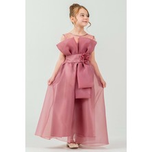 Mnk Baby & Kids Kız Çocuk Organze Tül Çiçek ve Fiyonk Detaylı Gipe Sırtlı Prenses Abiye Elbise M00800