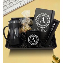 As Gift Kişiye Özel Siyah Defter & Siyah Kupa & French Press & Siyah Kalem & Ihlamur & Ada Çayı Hediye Seti
