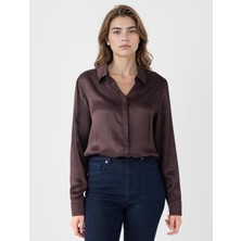 Jimmy Key Acı Kahve Uzun Kollu Rahat Kesim Saten Gömlek