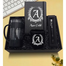 As Gift Kişiye Özel Siyah Defter & French Press & Siyah Kupa & Siyah Kalem Hediye Seti