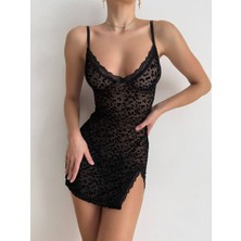 Zerogaprise Kadın Leopar Desen Mini Yırtmaç Detay Trasparan Şık Gecelik