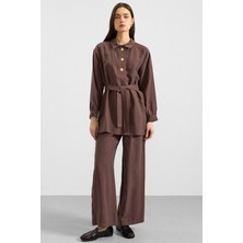 Olcay Metal Düğmeli Soft Kumaş Tunik Pantolon Ikili Takım Kahve 9397-TK