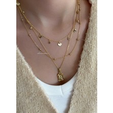 Aksesuaris 3'lü Gold Zincir Kalp ve Zirkon Taş Detay Kadın Kolye