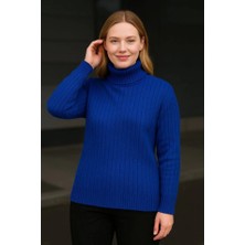 Mericline Balıkcı Yaka Bağazlı Triko Kazak Pamuklu Kalın Fitilli Dokuma - Saks Mavisi