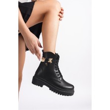 Difolia Kadın Eva Siyah Bagcıklı Fermuarlı Ayıcık Tokalı Kalın Taban Günlük Kısa Postal