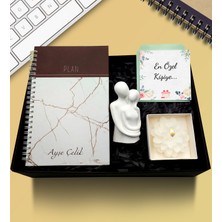 As Gift Sevgililer Günü Temalı Kişiye Özel Telli Defter & Dekoratif Biblo & Çiçek Temalı Mum Hediye Seti