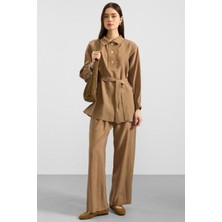 Olcay Metal Düğmeli Soft Kumaş Tunik Pantolon Ikili Takım Kamel 9397-TK