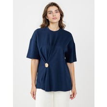 Jimmy Key Lacivert Rahat Kesim Bisiklet Yaka Büzgülü Örme Tişört