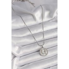 316L Çelik Gümüş Renk Zincir Zirkon Taş Detaylı Beyaz Sedefli Ay Yıldız Işleme Kadın Kolye - Lisinya