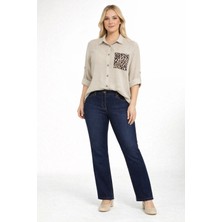 Moda Berray 1675-BEJ Kolu Apoletli Leopar Cep Detaylı Keten Gömlek