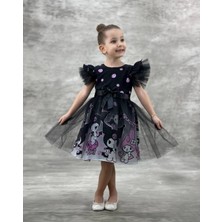 Danuna Kids Kız Çocuk Kuromi & My Melodi Baskılı Tüllü Kolları Tül Fırfırlı Doğum Günü/ Özel Gün Krep Elbise Siyah-Mor