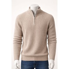 Lara Giyim Erkek Yarım Fermuar Bej Kazak Triko Örme Rahat Tam Kalıp