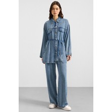 Olcay Çıt Çıt Kapamalı Soft Denim Ceket Pantolon Ikili Takım Mavi 9398-TK