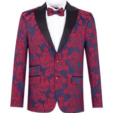 Özel Tasarım Çift Cepli Bordo Gül Desenli Blazer Ceket ve Papyon Takımı