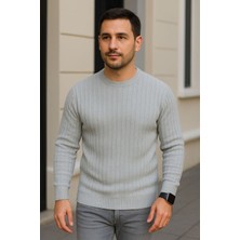 Lara Giyim Erkek Yuvarlak Yaka Kazak Rahat Tam Kalıp Sıfır Saka 3 Iplik Şardonlu Gri