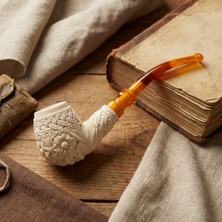 Goldenlight Meerschaum El Oyması Lületaşı Kelt Örgü ve Çiçek Motifli Pipo, Akrilik Ağızlıklı, Kutulu, Koleksiyonluk 13,7 cm