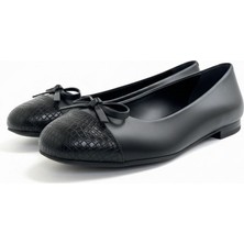 Ne&Ve Shoes Siyah Deri Yılan Baskı Garnili Biye Detaylı Kadın Babet