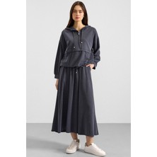 Olcay Kapüşonlu Bağcık Detaylı Premium Kumaş Sweat Etek Takım LACİVERT 9403-TK