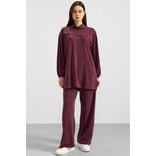 Olcay Metal Aksesuarlı Premium Kumaş Sweat Pantolon Takım Bordo 9404-TK