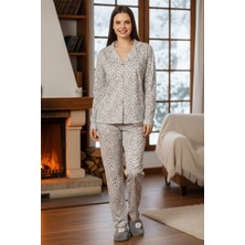 Remsa Kadın Leopar Desen Önü Düğmeli Suprem Pijama Takımı 0547 BEYAZ02