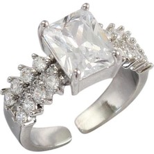 Cesicey Çelik Tek Taş Yüzük Ayarlanabilir Baget Zirkon Taşlı Gümüş Renk