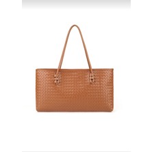 Özüm Takı Çanta Kadın Fermuarlı Örgü Detay Baget El ve Omuz Çantası Taba