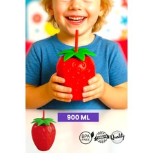 Muf Home Çilek Tasarım Pipetli Matara – Çilek Şekilli, Çocuklara ve Parti Masalarına Renk Katar 900ML -Bpa Free-