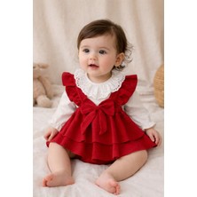 Bebeva Baby Kız Bebek %100 Pamuklu Fisto Dantel Yakalı Büyük Fiyonklu Kadife Görünümlü Urzalo Özel Gün Elbisesi - Kırmızı