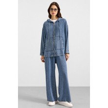 Olcay Fermuar Kapamalı Kapüşonlu Soft Denim Ceket Pantolon Ikili Takım Mavi 9402-TK