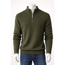 Lara Giyim Erkek Yarım Fermuar Koyu Yeşil Kazak Triko Örme Rahat Tam Kalıp