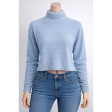 Lara Giyim Yarım Boğazlı Kadın Crop Kazak Sakallı Rahat Örme Kazak Triko Kazak Mavi